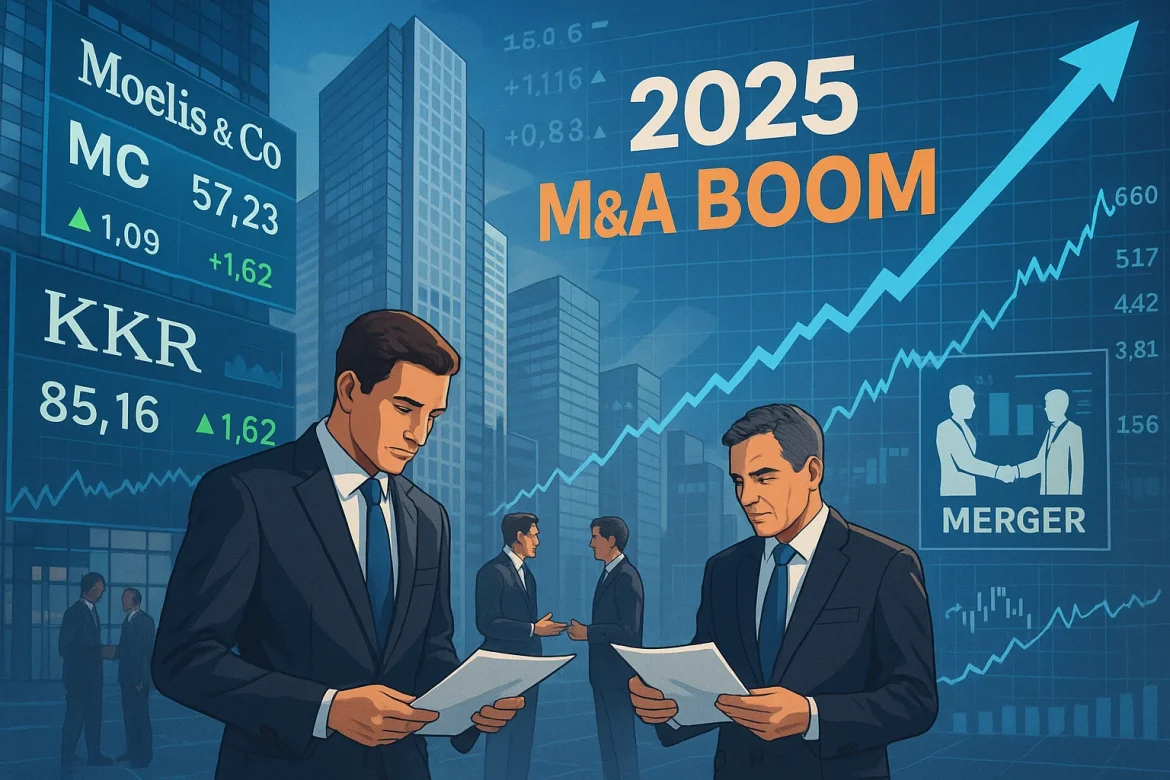 After a sluggish stretch in 2022 and 2023, mergers and acquisitions are roaring back to life in 2025.Rising CEO confidence, stabilising interest rates, and pent-up strategic demand are fueling a new wave of dealmaking across sectors – from industrials to tech to healthcare.Private equity companies are sitting on record dry powder, and corporates are increasingly looking to consolidate, divest, or expand into new verticals. Investment banks are staffing up, and advisory pipelines are swelling.With the macro backdrop turning more favourable as well, 2025 could be a breakout year for M&A activity.That said, here are two US stocks that stand out as prime vehicles for investors looking to ride the next wave of dealmaking momentum.Moelis & Co (NYSE: MC) – a pure-play M&A engineMoelis is one of the few publicly traded investment banks that offer direct exposure to advisory-driven M&A cycles without the baggage of trading desks or lending operations.As David Bahnsen of Bahnsen Group recently noted, “It’s a pure services business with investment banking, mergers and acquisitions, and yet they have no debt.”That clean balance sheet gives Moelis the flexibility to scale and reward shareholders even in volatile markets. The firm has been aggressively hiring senior bankers, signalling confidence in a robust deal pipeline ahead.Its fee-based model thrives when transaction volumes rise, and with global M&A rebounding, MC stock is well-positioned to capture advisory mandates across sectors.Investors looking for a high-beta play on dealmaking – with minimal credit risk – should keep Moelis on their radar. It’s lean, focused, and built for the kind of environment 2025 is shaping up to be.While Wall Street currently has a consensus “hold” rating on Moelis stock, the price targets go as high as $90, indicating potential “upside” of more than 20% from here. Plus, a rather healthy 3.6% dividend yield makes MC all the more attractive as a long-term holding.KKR & Co Inc (NYSE: KKR) – private equity powerhouseWhile Moelis thrives on advising deals, KKR is built to execute them. As one of the world’s largest alternative asset managers, it has deep roots in private equity, infrastructure, and credit.With over $500 billion in assets under management and access to global capital, KKR is a direct beneficiary of rising M&A activity – especially as corporates look to divest non-core assets and PE firms return to leveraged buyouts.The ability to structure complex transactions, deploy capital across cycles, and monetise portfolio companies makes KKR stock a strategic winner in a deal-heavy environment. Moreover, the firm’s <a href="https://www.ainvest.com/news/kkr-strategic-expansion-japan-insurance-market-capitalizing-long-term-creation-operational-integration-market-diversification-2509/">expansion into insurance</a> and real estate adds diversification and fee stability.For investors seeking exposure to the engine room of M&A – not just the advisory layer – KKR shares offer scale, sophistication, and upside as the 2025 deal wave builds. That’s part of the reason why Wall Street currently has a consensus “overweight” rating on KKR with a mean target of nearly $166, indicating potential “upside” of roughly 23% from here.The post <a href="https://invezz.com/news/2025/09/30/two-must-own-us-stocks-to-bet-on-continued-ma-boom-in-2025/">Two must-own US stocks to bet on continued M&A boom in 2025</a> appeared first on <a href="https://invezz.com/">Invezz</a>