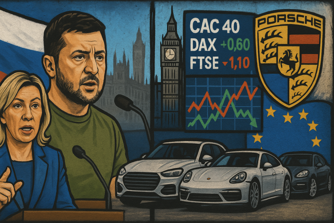European and global markets navigated a mix of geopolitical tensions and corporate earnings on Friday, with Russia promising retaliatory measures against new EU sanctions, Ukrainian President Volodymyr Zelenskyy calling for enhanced strike capabilities, and major companies reporting earnings updates. Investors reacted cautiously to these developments alongside recent <a href="https://invezz.com/news/2025/10/24/us-inflation-edges-up-to-3-in-september-slightly-below-expectations/">US inflation data</a>.Russia vows retaliation against EU sanctionsRussian Foreign Ministry spokeswoman Maria Zakharova announced on Friday that Moscow would respond to the latest round of European Union sanctions with “effective and tough measures.” Zakharova criticized Brussels’ approach, arguing that the EU continues a “suicidal course” that isolates it internationally.The sanctions, officially adopted by the EU on Thursday, constitute the bloc’s 19th package targeting Russia’s gas exports. Zakharova suggested that these measures are unlikely to pressure Russia effectively, and Moscow is preparing counteractions in response.Zelensky calls for more deep strike capabilitiesMeanwhile, Ukrainian President Volodymyr Zelenskyy emphasized the need for increased military support to pressure Russia. Speaking at the Coalition of the Willing meeting in London, Zelensky highlighted the importance of advanced weapons, including Tomahawk missiles, Storm Shadow and SCALP missiles, as well as drones and rockets produced jointly with allies.Zelensky argued that Russian President Vladimir Putin responds only to substantial pressure, noting that prior discussions on the possibility of Tomahawk strikes prompted Moscow to signal willingness to restart talks. Zelensky pointed out that Russia abandoned diplomacy once pressure subsided, asserting that Moscow does not aim to end the war.European markets end mixed amid inflation and earningsEuropean stock markets closed largely mixed on Friday, as investors digested new corporate results and US inflation data. The annual inflation rate in the United States rose slightly to 3% in September, below forecasts, contributing to cautious investor sentiment.Key corporate earnings in Europe were notable: NatWest’s total income rose 15.7% to £4.3 billion, Eni’s net profit climbed 59% to €865 million, and Sanofi reported net sales of €12.43 billion, up 7% year-over-year. Spanish producer prices edged up 0.3% in September, while Eurozone business activity continued improving in October.Market closes were mixed: the CAC 40 and DAX ended flat, while the EURO STOXX 50 rose 0.11% with Siemens Energy AG climbing 4.98%. The FTSE 100 gained 0.64% as NatWest Group PLC advanced 4.91%. Currency movements were relatively muted, with the euro trading flat at $1.16201 and the pound slipping 0.22% to $1.32930 against the US dollar.Porsche reports revenue drop amid market challengesPorsche AG Group reported sales revenue of €2.7 billion for the first nine months of 2025, a 6% decline from the same period in 2024. Operating profit for the period reached €40 million, impacted by extraordinary expenses related to product strategy realignment, challenging market conditions in China, and US import tariffs.Vehicle deliveries also fell 6% year-over-year to 212,509 units. Despite these challenges, Porsche maintains its 2025 group sales revenue forecast at €37–38 billion, factoring in the 15% US tariffs introduced on August 1. The company indicated that ongoing strategic adjustments and market conditions will influence performance for the remainder of the year.The post <a href="https://invezz.com/news/2025/10/24/europe-bulletin-zelensky-calls-for-more-weapons-russia-warns-against-eu-sanctions/">Europe bulletin: Zelensky calls for more weapons, Russia warns against EU sanctions</a> appeared first on <a href="https://invezz.com/">Invezz</a>