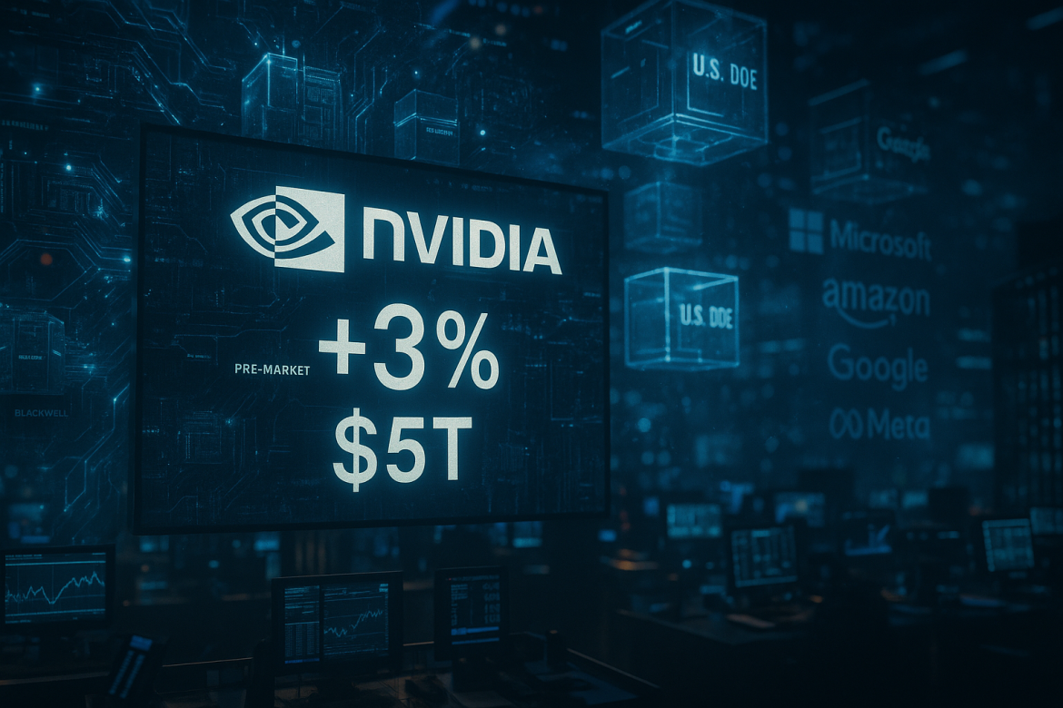 Nvidia stock (NASDAQ: NVDA) surged over 3% in pre-market trading on Wednesday, pushing the GPU maker closer to an unprecedented $5 trillion market valuation, a milestone no chip company has ever approached.The latest rally comes in the backdrop of some major announcements by CEO Jensen Huang, who announced $500 billion investments in AI chip bookings.Huang also unveiled plans to build seven new supercomputers for the US Department of Energy, powered by over 100,000 Blackwell GPUs.Nvidia stock: AI spending wave keeps momentum intactBig Tech is gearing up for an enormous AI build-out next year. <a href="https://lucidityinsights.com/infobytes/big-tech-ai-infrastructure-investment-2025">Microsoft, Amazon, Google, and Meta together are expected to pour between $300 billion and $360 billion into AI infrastructure in 2025</a>, a staggering jump of about 58% from 2024.Amazon alone could spend around $100 billion, followed by Microsoft at about $80 billion, and Alphabet close to $75 billion.Most of this money is going into new AI-focused data centers, and the hyperscalers are locking in the hardware they need before anyone else can, making it a perfect opportunity for investors to make their money work for themselves.They are grabbing priority access to Nvidia GPUs, which is squeezing supply for the rest of the semiconductor market.And it’s not just the tech giants anymore.Enterprise AI demand is spreading fast. Hewlett Packard Enterprise, for example, is teaming up with Nvidia to deliver ready-to-deploy AI systems for government agencies and highly regulated industries.Moves like that show the AI build-out is expanding well beyond the public cloud to a much larger universe of buyers.Nvidia still can’t make chips fast enough to meet demand. Its current H100 GPUs and the next-gen Blackwell line are basically sold out.Morgan Stanley analysts say the Blackwell chips are fully booked for the next 12 months, and anyone trying to place a fresh order now could be waiting until late 2026.There’s a reason everyone is scrambling to get them: the new B100 and B200 chips deliver 2x to nearly 4x the performance of the H100 for both training and inference.That kind of jump makes them a no-brainer upgrade for companies building or scaling AI models, and it puts Nvidia in pole position to win the next big wave of AI spending.Investors price in a historic valuationThe $5 trillion valuation milestone dwarfs the combined market capitalization of Broadcom, TSMC, AMD, ASML, Micron, Lam Research, Qualcomm, Intel, and Arm, underscoring Nvidia’s singular dominance in AI chip infrastructure.For context, Nvidia’s market cap now exceeds the nominal GDP of every country except the United States and China, and roughly equals Germany’s projected 2025 GDP.<a href="https://invezz.com/news/2025/10/28/the-4-trillion-club-how-nvidia-microsoft-and-apple-are-rewriting-capitalism/">Apple and Microsoft previously reached the $4 trillion mark</a>, but no company has ever closed above $5 trillion, making Nvidia’s ascent a historic moment in corporate valuation history.Nvidia has gotten so big that it now makes up more than 7% of the entire S&P 500, making it the single largest stock in the index. Because of that, its moves have an outsized impact on how the benchmark performs overall.And it’s not just Nvidia. The so-called “Magnificent Seven”: Nvidia, Microsoft, Apple, Amazon, Alphabet, Meta, and Tesla, now represent 37.4% of the S&P 500’s total weight.That’s the highest concentration the index has ever seen, underscoring just how dominant a handful of tech giants have become in driving US equity markets.The post <a href="https://invezz.com/news/2025/10/29/nvidia-stock-soars-toward-5-trillion-valuation-as-ai-tailwinds-persist/">Nvidia stock soars toward $5 trillion valuation as AI tailwinds persist</a> appeared first on <a href="https://invezz.com/">Invezz</a>