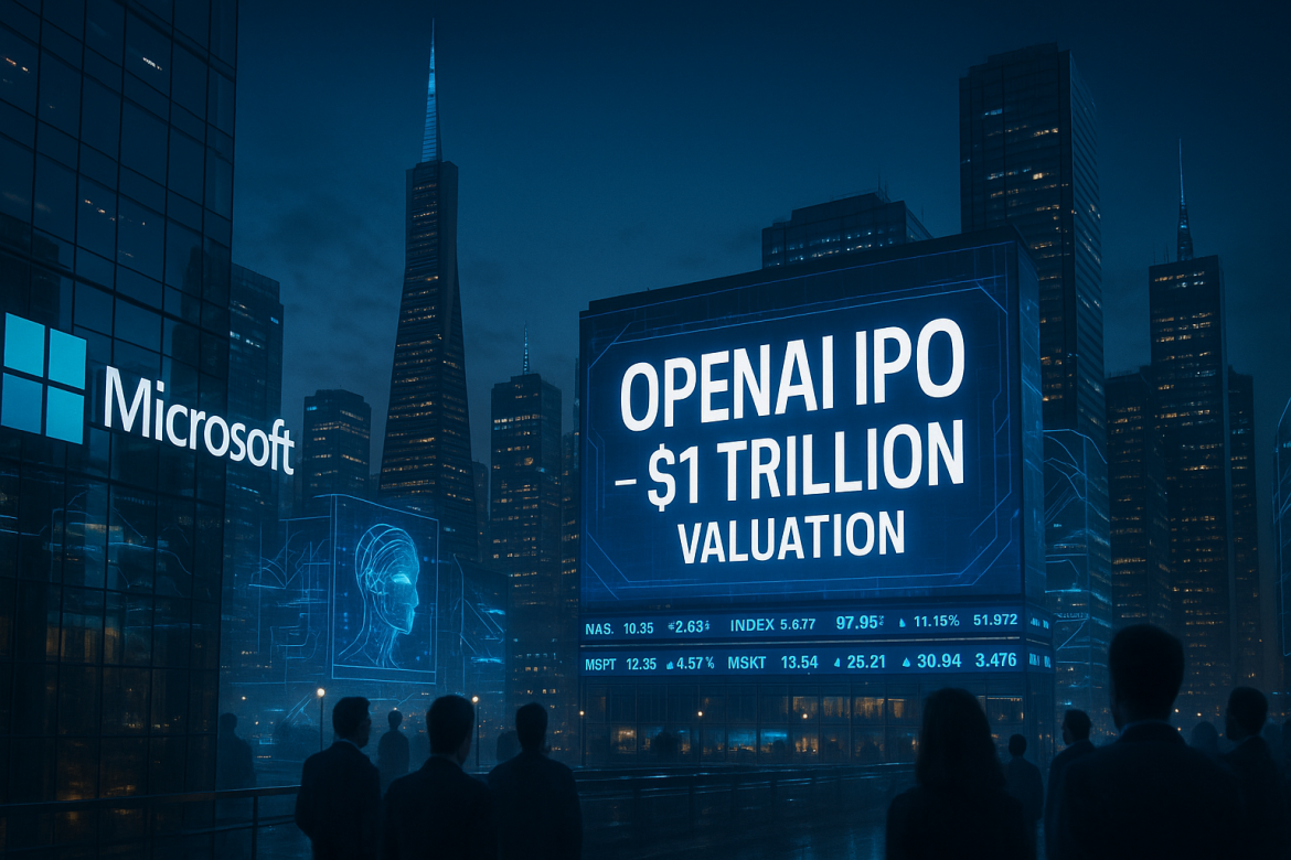OpenAI is laying the groundwork for a potential initial public offering that could value the company at around $1 trillion, according to recent reports from <a href="https://www.reuters.com/business/openai-lays-groundwork-juggernaut-ipo-up-1-trillion-valuation-2025-10-29/">Reuters</a>.The ChatGPT maker is considering filing with securities regulators as soon as the second half of 2026, with a possible listing in 2027, and has discussed raising at least $60 billion in what would rank among the largest public offerings in tech history.This follows OpenAI’s recent corporate restructuring, in which the company transformed into a public benefit corporation while finalizing a new agreement with Microsoft, its largest investor.OpenAI IPO: A trillion-dollar question for MicrosoftFor Microsoft, the stakes couldn’t be higher.Following OpenAI’s recent restructuring, the tech giant now holds a 27% stake in OpenAI Group PBC, valued at roughly $135 billion, down from an earlier 32.5% before new funding rounds diluted its position.Since first investing in 2019, Microsoft has poured more than $13 billion into OpenAI, weaving its GPT technology throughout its ecosystem, from Office 365 and Windows to its Azure cloud platform.A public listing could dramatically reshape the value of that investment.At a $1 trillion OpenAI valuation, Microsoft’s stake would be worth about $270 billion on paper, nearly double its current book value.That would mark one of the most lucrative corporate venture bets ever made, eclipsing even Google’s early acquisition of YouTube or Facebook’s purchase of Instagram.But alongside the upside come new risks.Microsoft currently enjoys exclusive rights to OpenAI’s intellectual property until 2032, along with a revenue-sharing agreement that gives it around 20% of OpenAI’s top line until the company reaches what it calls artificial general intelligence.That arrangement, however, may not last.OpenAI has already indicated plans to reduce partner revenue shares from just under 20% today to about 8% by 2030, a move that could keep an extra $50 billion in OpenAI’s own coffers while limiting Microsoft’s future returns.And once OpenAI goes public, those tensions could sharpen.A new base of shareholders, focused on profitability and independence, would likely pressure the company to renegotiate its long-term agreements, or even to forge fresh partnerships with other cloud players like Google or Amazon.For Microsoft, that would mean navigating a more crowded, more competitive AI landscape, one where its biggest investment could also become its biggest rival.How a public OpenAI could reshape the AI marketIf OpenAI were to list publicly at a $1 trillion valuation, it would instantly join the world’s most exclusive corporate club, rubbing shoulders with giants like Nvidia, Microsoft, Apple, Alphabet, Amazon, and Meta.That would make it not just a headline-grabber, but one of the ten most valuable companies on the planet.For perspective, recent secondary-market trades have pegged OpenAI’s value at roughly $500 billion, already enough to crown it the most valuable venture-backed startup in history.A move to public markets could double that figure, and in doing so, send ripples across the entire AI sector.Such a debut would almost certainly spark a wave of follow-on listings.Rivals like Anthropic, xAI, and Cohere are already drawing intense investor attention. Anthropic, the maker of Claude, recently raised $13 billion at a $183 billion valuation.If OpenAI goes first and succeeds, its share sale could set the benchmark for how the public markets value generative AI firms, determining both investor appetite and how far the current AI boom can really run.The post <a href="https://invezz.com/news/2025/10/30/what-would-a-1t-openai-ipo-mean-for-microsoft-investors-and-the-ai-market/">What would a $1T OpenAI IPO mean for Microsoft, investors and the AI market</a> appeared first on <a href="https://invezz.com/">Invezz</a>